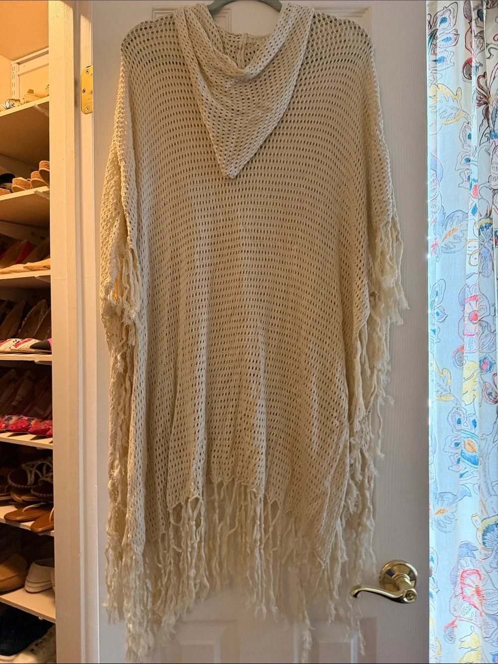 Free People Cream Open-Knit Fringe Poncho Sweater